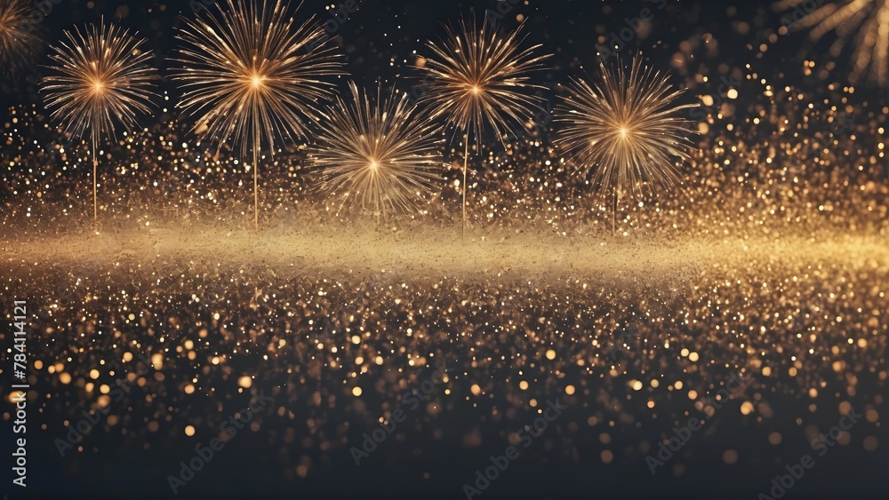 abstract gold glitter background with fireworks in morning. christmas ...