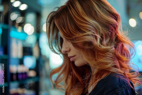 Close-up of a woman with bold hair color and highlights getting a modern hairstyle at a hair salon