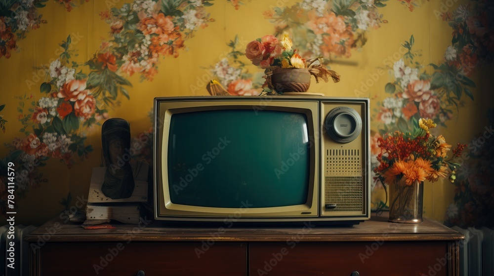 Vintage 1990s television set resting on table in retro apartment interior