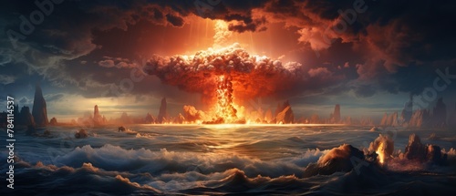 Dramatic nuclear explosion in the ocean causing massive destruction and pollution photo