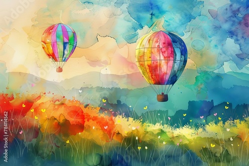 vibrant rainbowcolored hot air balloons floating over lush green fields watercolor painting digital ilustration