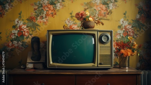 Vintage 1990s television set resting on table in retro apartment interior