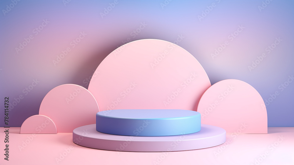 A blue cylinder on a pink podium against a pink and purple gradient background with pink semi-circle shapes. A blue cylinder on a pink podium against a pink and purple gradient background with pink semi-circle shapes.