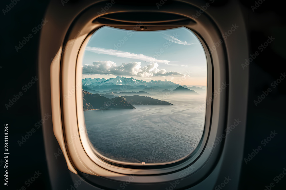 Window seat airplane overlooking mountains. sea., photo. Window seat airplane overlooking mountains. sea., photo.