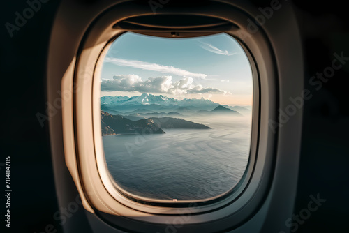 Window seat airplane overlooking mountains. sea., photo.