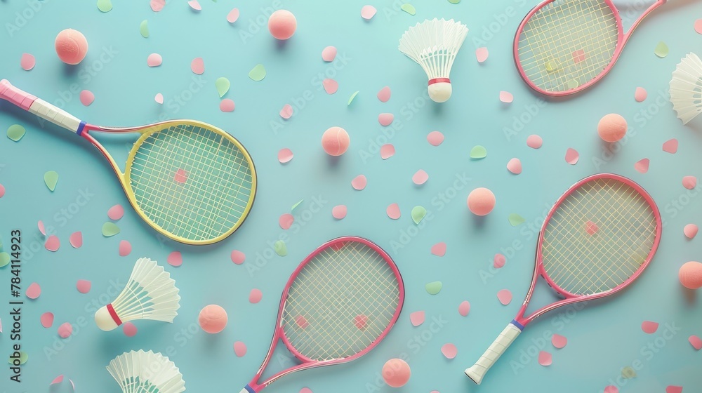 Badminton rackets and shuttlecocks in a whimsical isolated composition ...