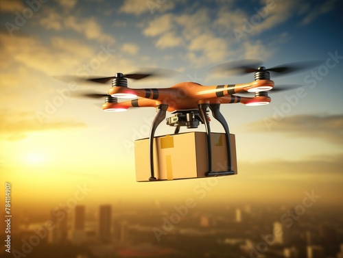 Realistic drone delivery service carrying package with ample copy space