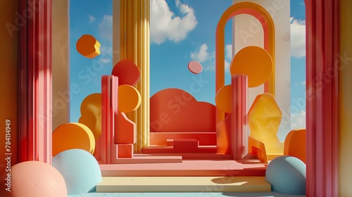 Bold 3d art featuring flying shapes in a whimsical setting AI generated illustration