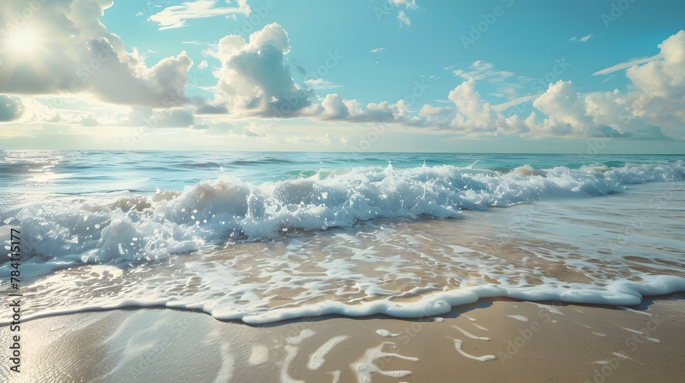 Tropical beach scene with rolling waves, capturing the essence of summer.