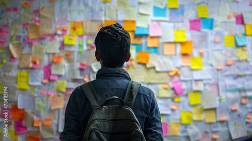 A person with their back turned in front of a wall of ideas, full of notes, diagrams and sketches, reflects the collaboration and creativity involved in the process.