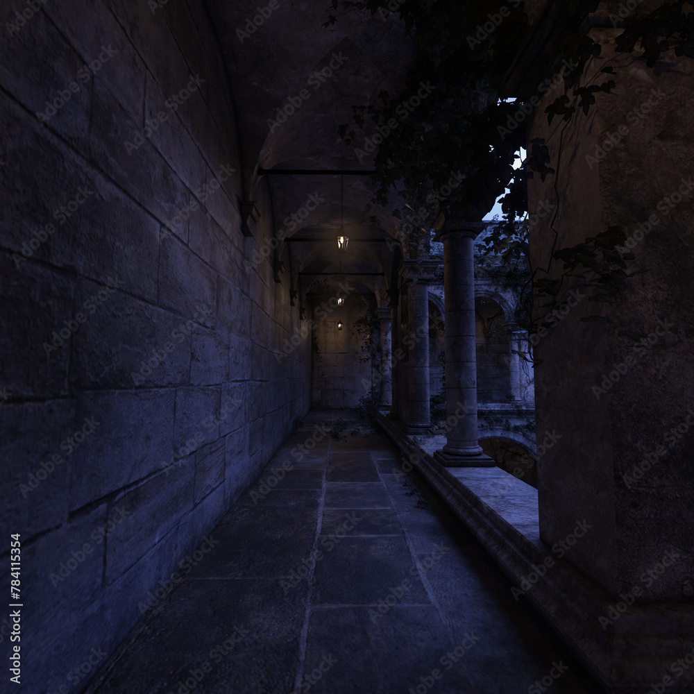 3D rendered fantasy background of a Victorian house in the patio's corridor at night 
