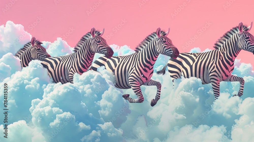 Obraz premium Bright zebras riding clouds AI generated illustration