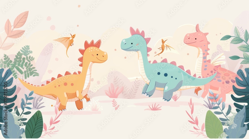 Naklejka premium Cute dinosaurs with wings AI generated illustration