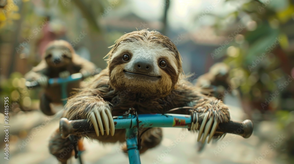 Fototapeta premium Cute sloths on flying scooters AI generated illustration
