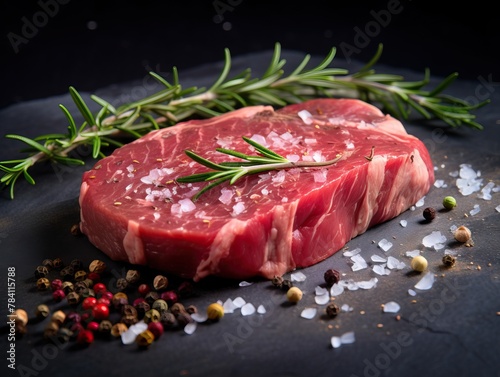 Fresh raw beef steak with sprigs of rosemary and scattered pepper