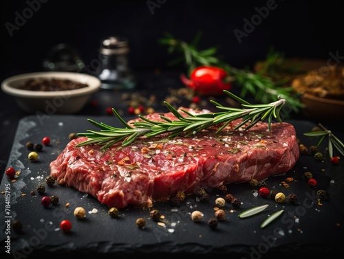 Fresh raw beef steak with sprigs of rosemary and scattered pepper
