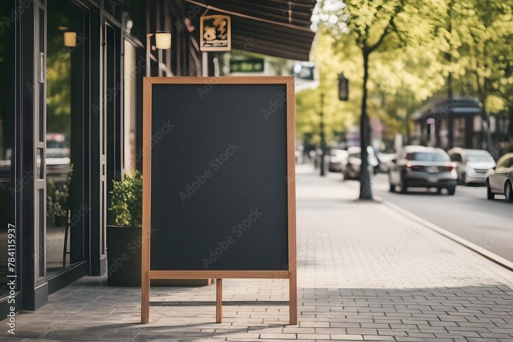 Blank blackboard restaurant shop sign or menu boards near the entrance to restaurant. Cafe menu on the street. Whiteboard sign mockup in front of a restaurant - obrazy, fototapety, plakaty 