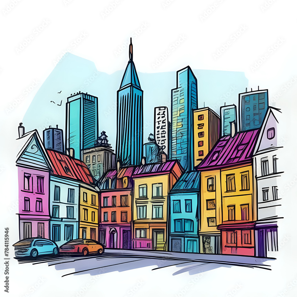 A colorful cartoon drawing of Cityscape, in the style of rough comic sketch, white background, flat colors, color markers  - generated by ai