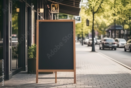 Blank blackboard restaurant shop sign or menu boards near the entrance to restaurant. Cafe menu on the street. Whiteboard sign mockup in front of a restaurant photo