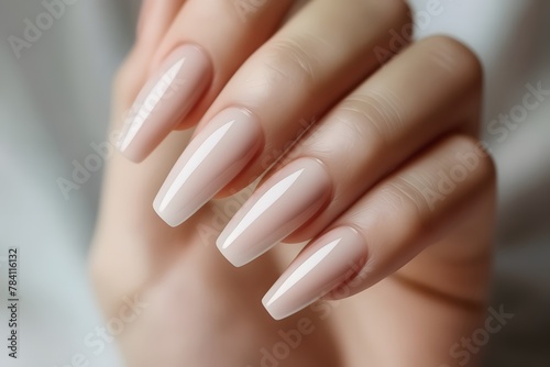 Close up of female hand with French manicure. Beautiful elegant gel polish manicure on square nails on neutral background
