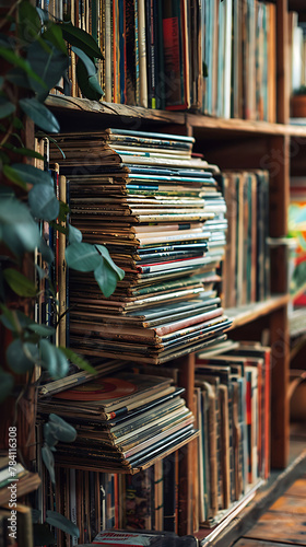 Macro shot of a stack of vintage vinyl records on a shelf, scandinavian style interior