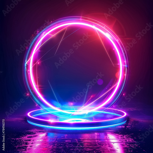 3d render, blue pink neon round frame, circle, ring shape, empty space, abstract background