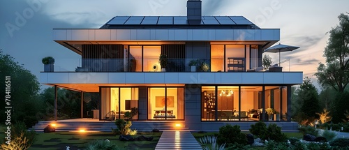 Eco-Friendly Living: Sleek Home with Solar Power. Concept Eco-Friendly Homes, Solar Power, Sustainable Living, Energy-Efficient Design, Green Living photo