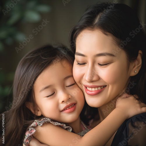Asian mother hugs her child