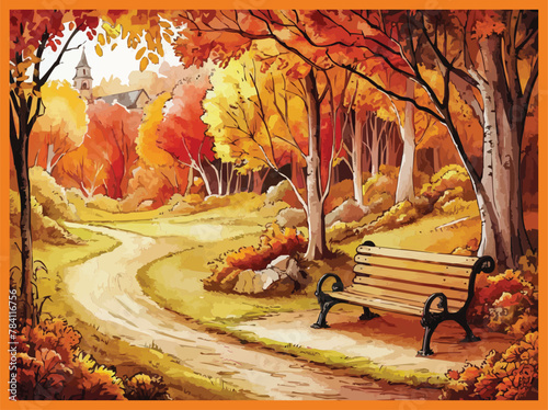 A classic watercolor scene of an autumn park bench  landscape nestled among trees captured in vibrant hues on vector illustration art