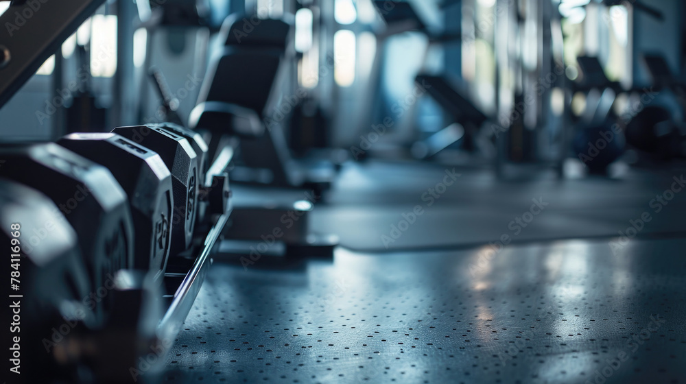 Fototapeta premium dumbbells closeup details in gym, empty modern interior with various equipment