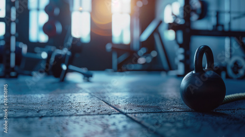 kettlebell closeup details in gym, empty modern  interior with various equipment with natural lighting  photo