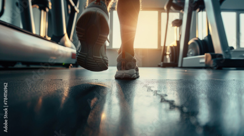 Close-up of man feet on a treadmill running at the gym interior © vrozhko