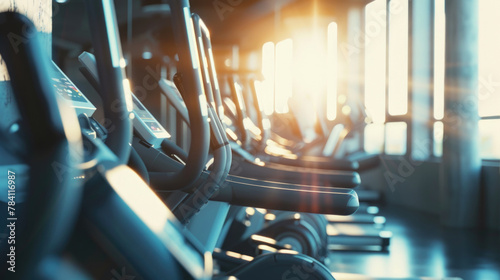 rows of stationary bike in gym modern fitness center photo