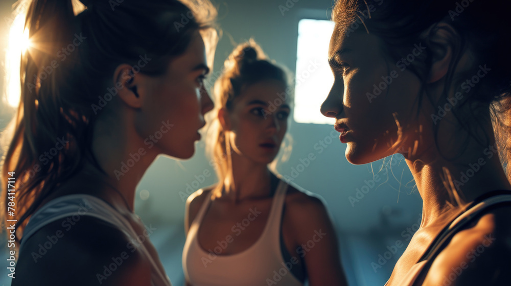 young female woman closeup with group females in gym do physical exercises, design for fitness sport athletic training dancing yoga classes young female woman closeup with group females in gym do physical exercises, design for fitness sport athletic training dancing yoga classes