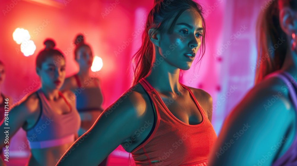 young female closeup with group of females in gym do physical exercises, design for fitness sport athletic training dancing yoga