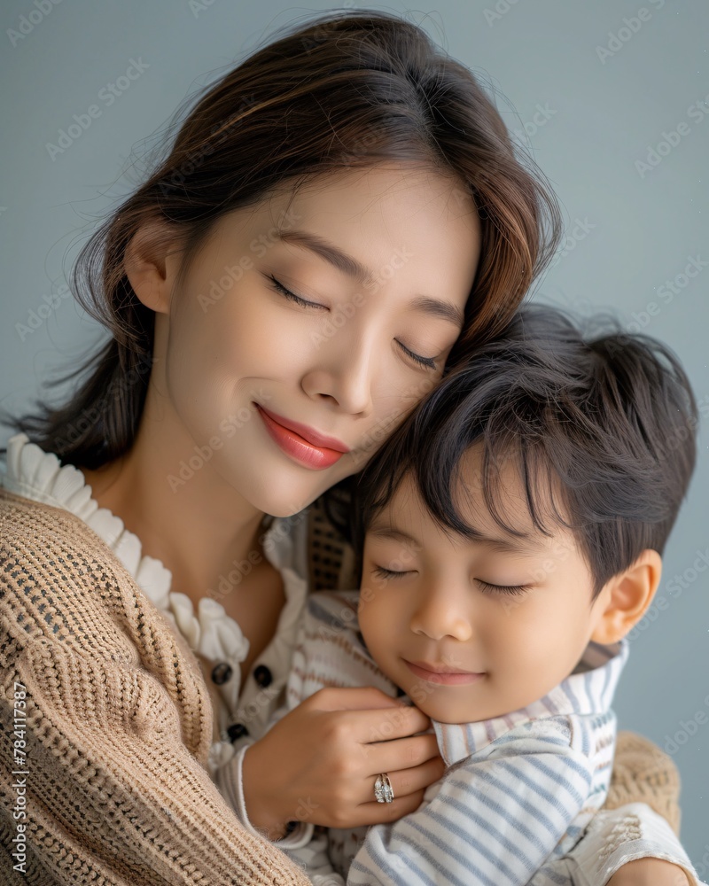 Asian mother hugging her child on background Asian mother hugging her child on background