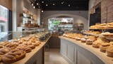 An interior shot of a bakery with baked goods on shelves and a seating area in the back.

