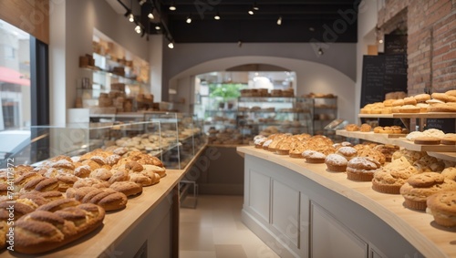 An interior shot of a bakery with baked goods on shelves and a seating area in the back.