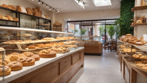 An interior shot of a bakery with baked goods on shelves and a seating area in the back.