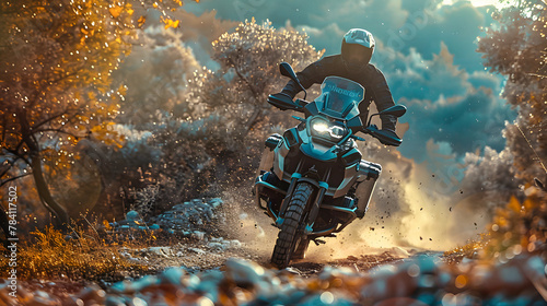 Motorcyclist Adventuring Through a Rustic Trail Amidst Autumn Foliage at Sunset