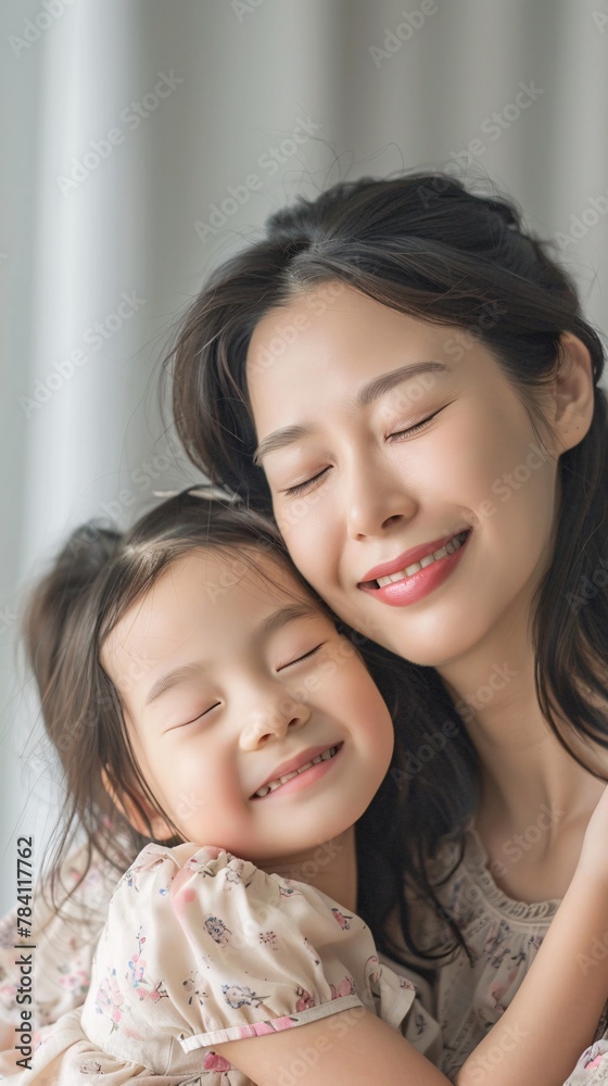 Asian mother hugging her child on background Asian mother hugging her child on background