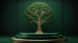 A golden tree with green leaves stands on a podium against a dark green background.