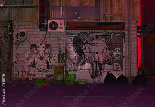 3D rendered urban alley with graffities and colored lighting 