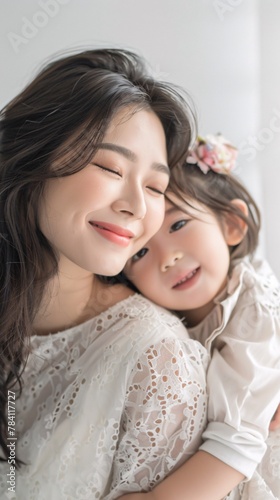Asian mother hugging her child on background