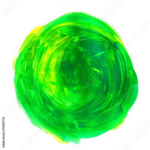 Zielona plama pędzla farba akrylowa. Rozmazany abstrakcyjny kształt koła i rozmazów z teksturą. Wyodrębniona z tła. 