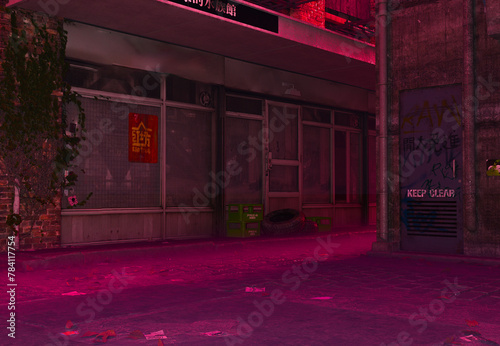 3D rendered urban alley with graffities and colored lighting 