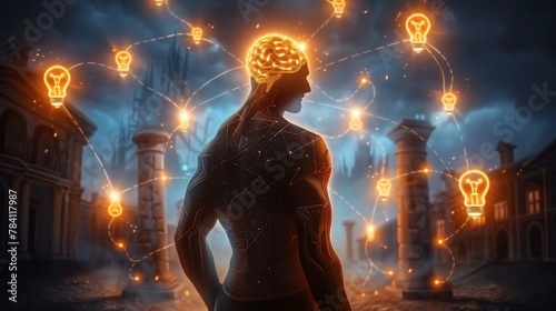thinkers silhouette filled with intertwining graphs and light bulbs, symbolizing dynamic ideas photo