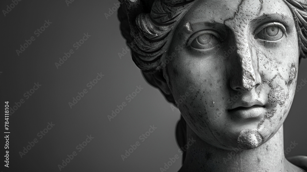 Muse sculpture, nymph head pensive pose. 3d rendering black and white Greek Goddess statue, concept art
