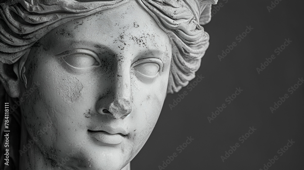 Muse sculpture, nymph head pensive pose. 3d rendering black and white Greek Goddess statue, concept art