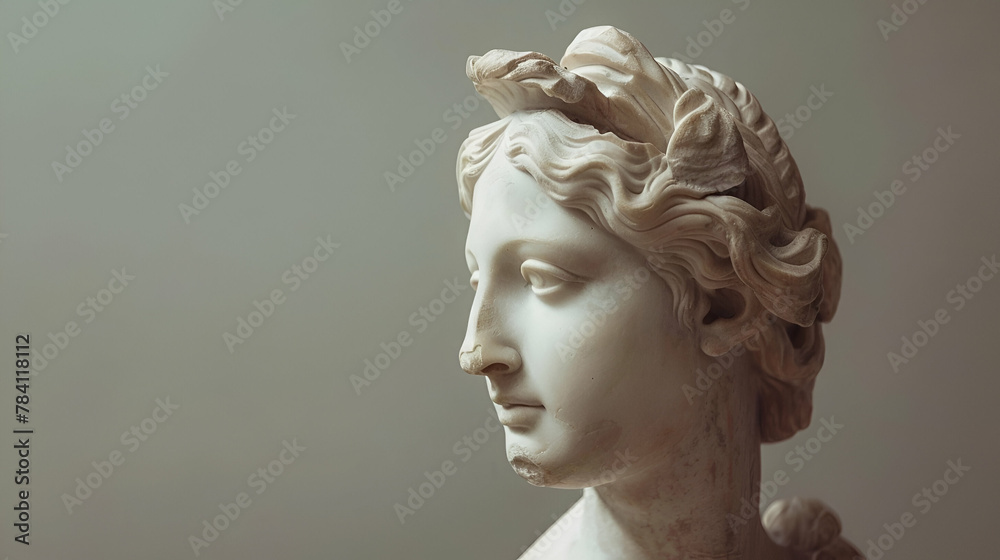 Muse sculpture, nymph head pensive pose. 3d rendering black and white Greek Goddess statue, concept art